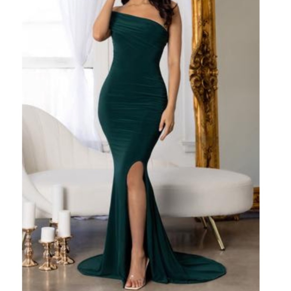 Forever & Always | Deep Green One Shoulder Fishtail Maxi Dress
